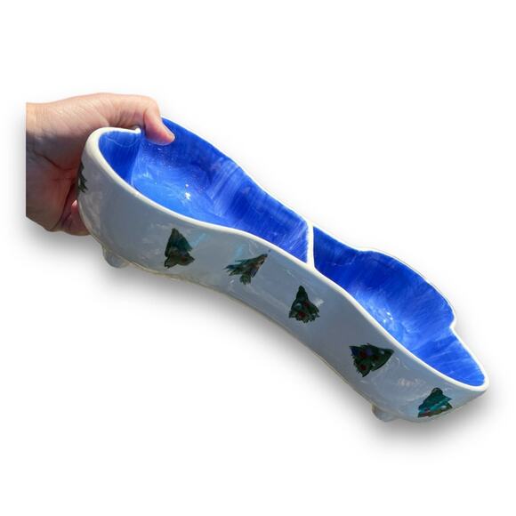 Dog Dish Shaped like a Bone with Christmas Trees & Blue Enterior - Picture 4 of 8